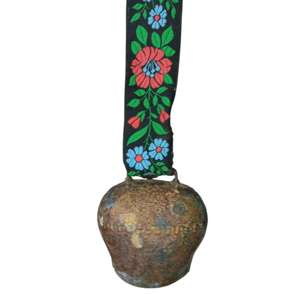 Vintage Rusty German Cowbell Handmade With Embroidered Floral Strap 8" x 2.5"